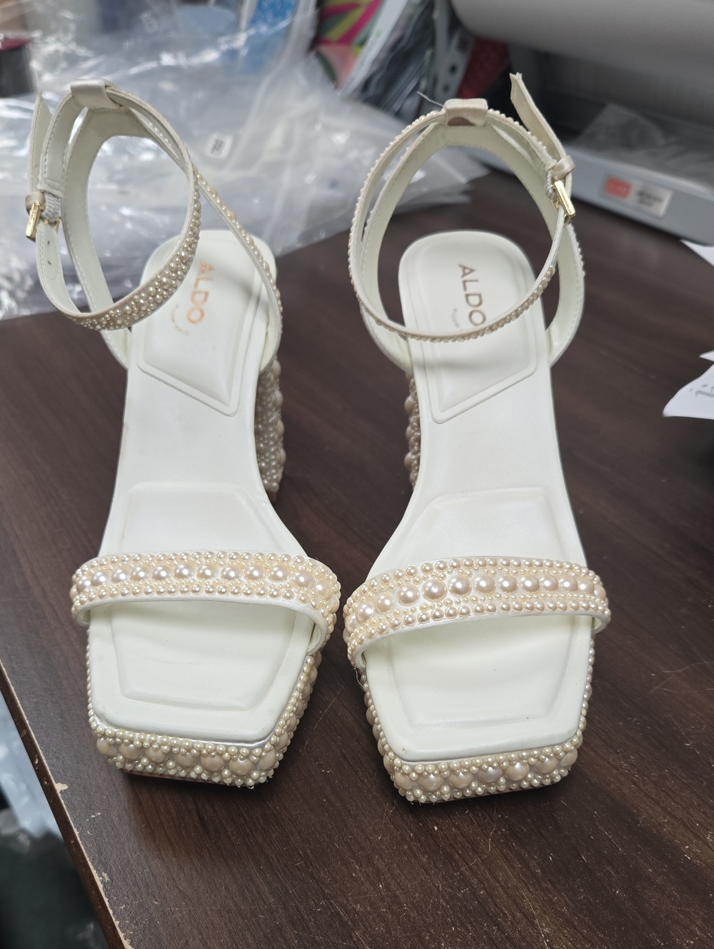 ALDO Size 7.5 Pearl-Trim Off-White Ankle-Strap Block Heels